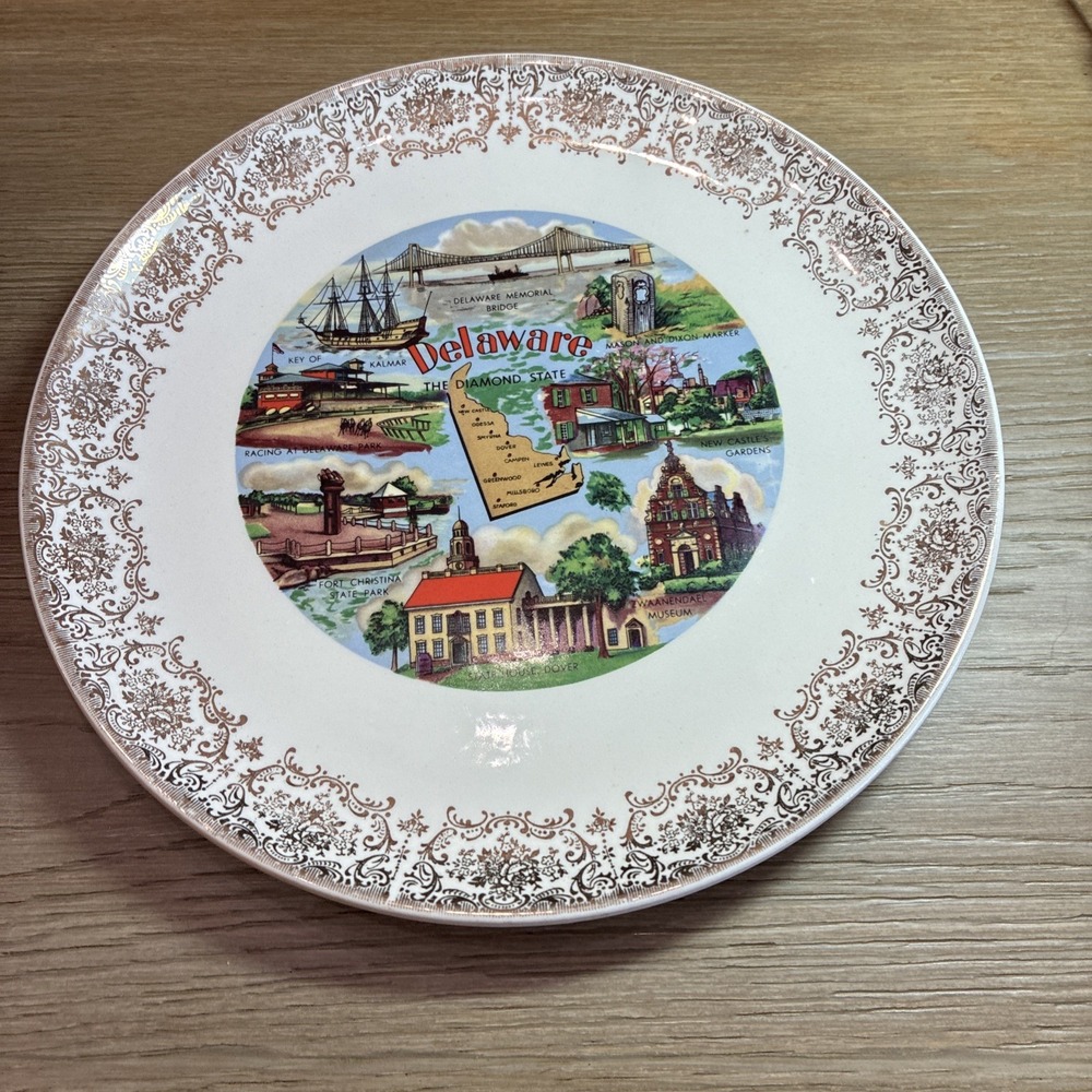 VTG Delaware Plate The Diamond State Souvenir  Gold Filigree Rim 9.25" Decorator
